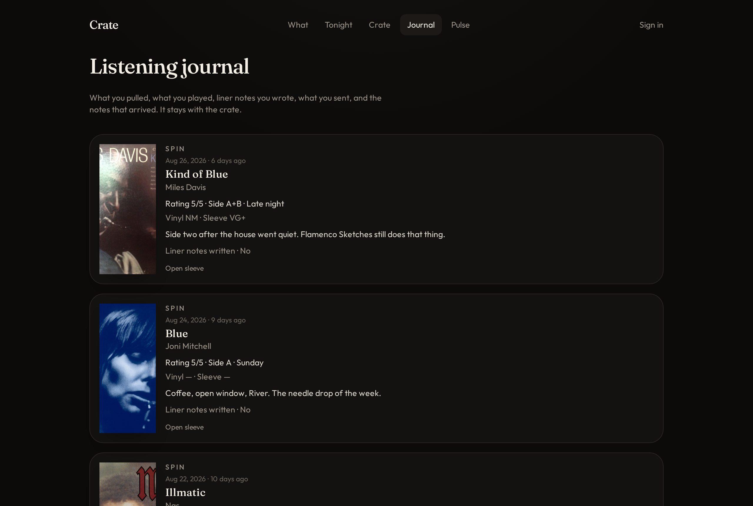 The Crate journal, a chronological list of nights and shelf events.