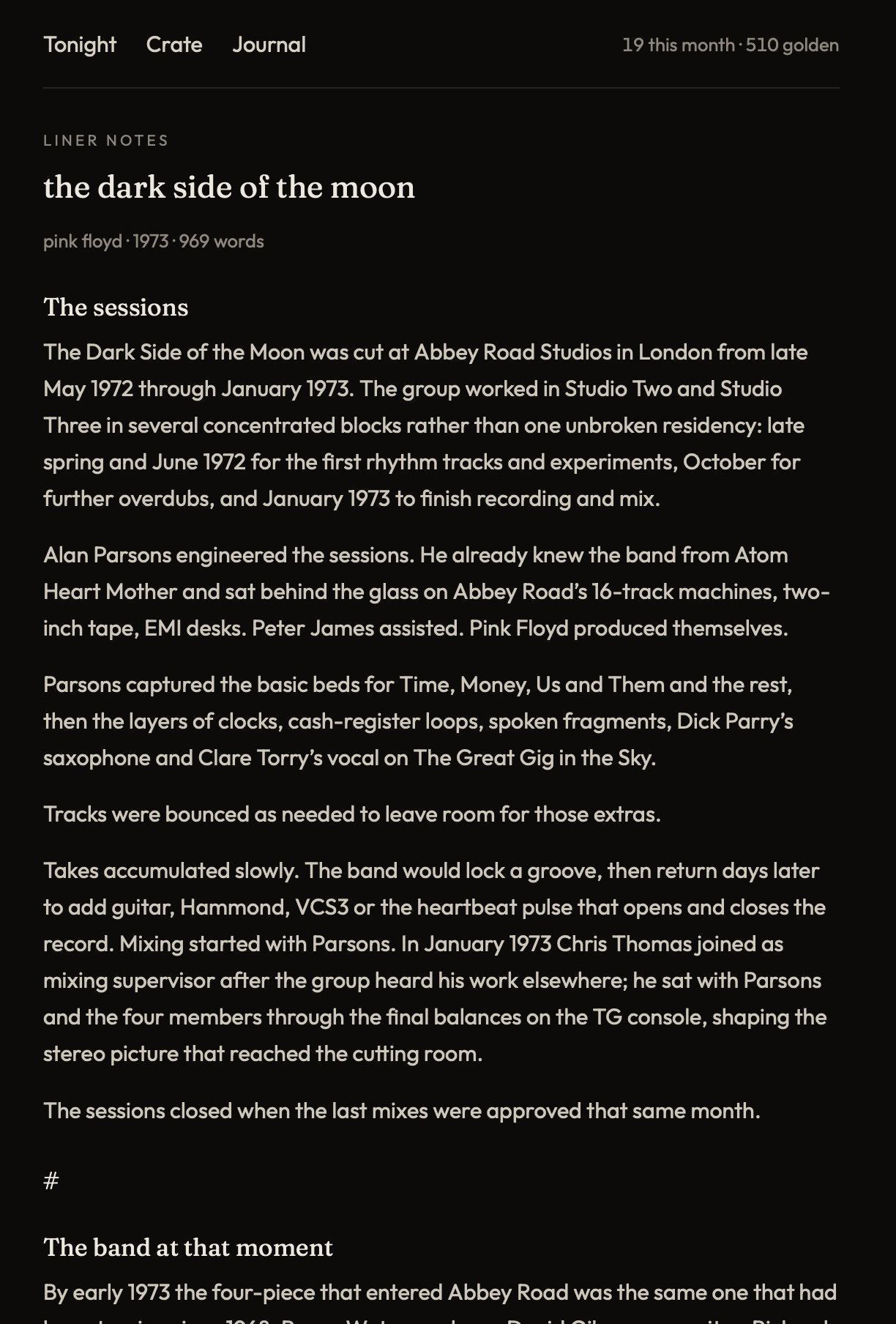 Liner notes open beside a record, chapter by chapter.